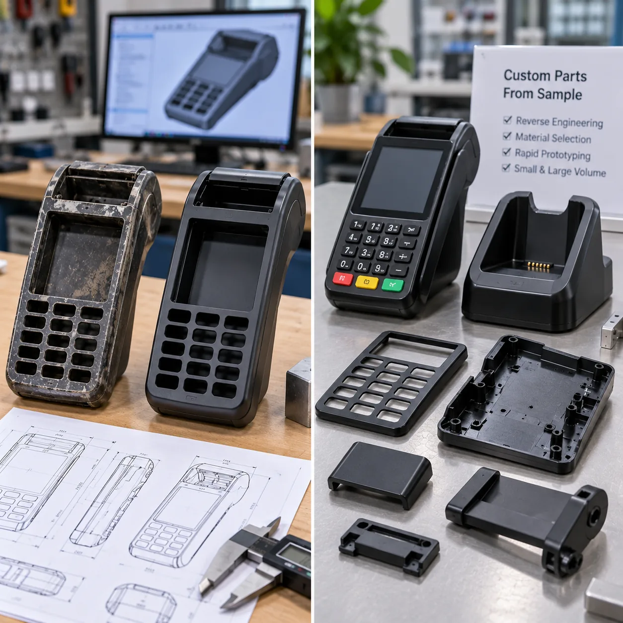 Payment terminals, a keypad panel, a charging dock and moulded housing parts on a bench with drawings
