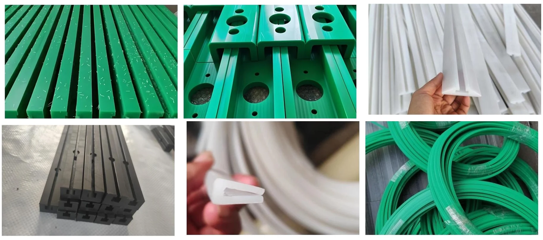Six photographs of polyethylene chain guide profile: a row of green flat wear strips, green U-channel guide rails drilled with large fixing holes, a hand holding white extruded T and U sections, grey and black dovetail profiles stacked in a bundle, a hand holding a short white U-section cut from a coil, and bundles of green coiled guide strip wrapped for shipping