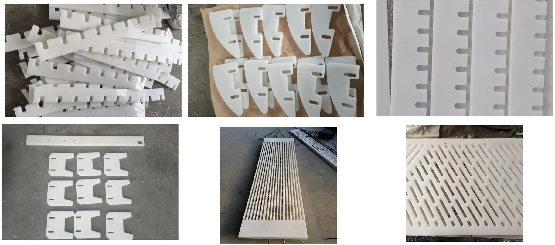 Six photographs of white polyethylene scraping and dewatering parts: a pile of flight bars with square notches along one edge, curved wiper blades with elongated fixing slots laid out on paper, long slotted scraper strips in a row, a set of flight bars arranged on a workshop floor beside a fixing rail, a full-length suction box cover with parallel slots, and a shorter slotted dewatering panel