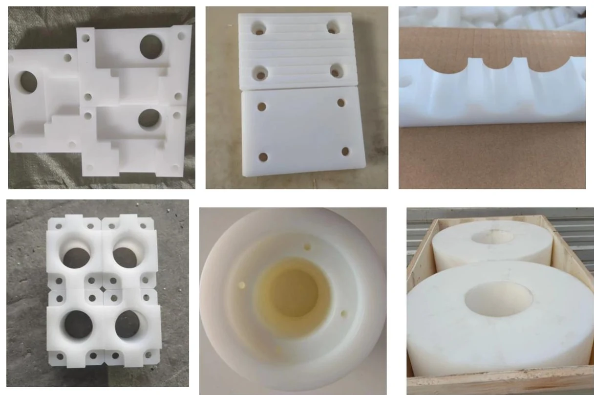 Six photographs of machined white PE-UHMW parts: stepped plates with bored and counterbored holes, rectangular blocks with milled grooves and counterbores, a long scalloped cradle with semicircular seats, square blocks with large through bores, a turned disc with a machined pocket, and two large bored discs packed in a timber crate