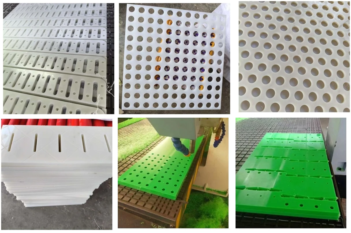 Six photographs of polyethylene screening panels: a row of long slotted screen decks, a square panel drilled with a regular grid of round holes, a close view of a perforated panel showing the hole edges, a stack of slotted panels ready for despatch, a green perforated plate under a CNC router spindle, and green drilled plates laid out on the machine bed