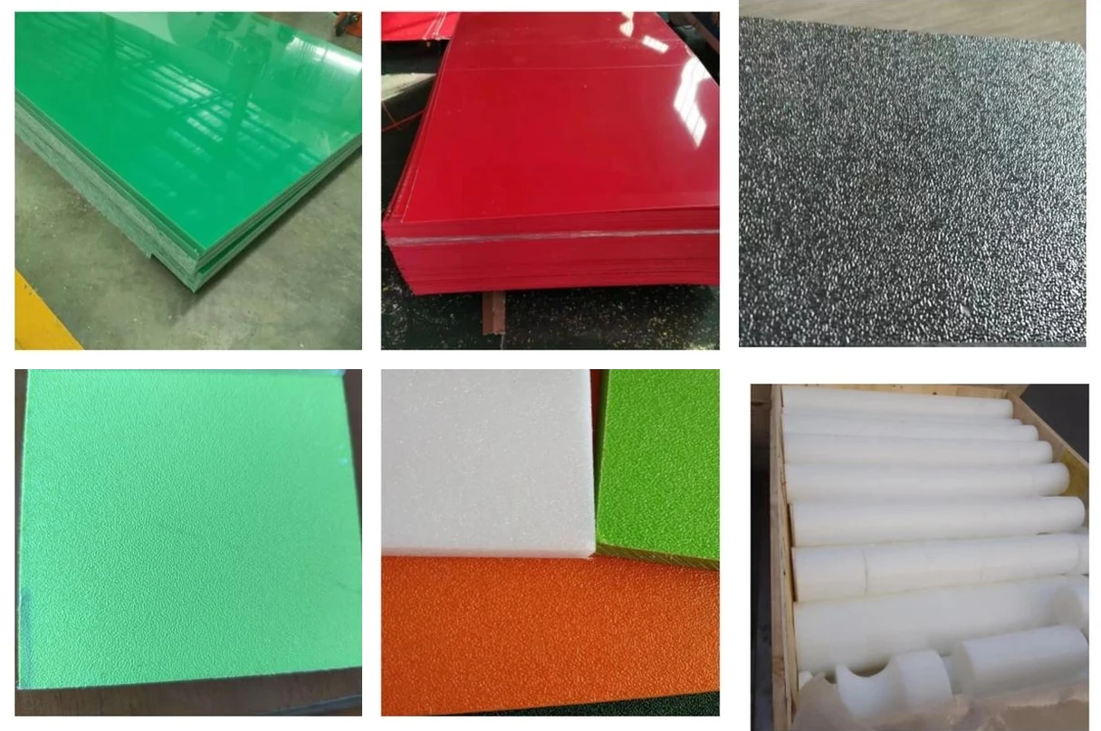 Six photographs of PE-UHMW stock: a stack of green sheet, a stack of red sheet, a close view of a grey speckled textured surface, a green embossed textured panel, white, green and orange textured sheet lying together, and white PE-UHMW rod and profile packed in a timber crate