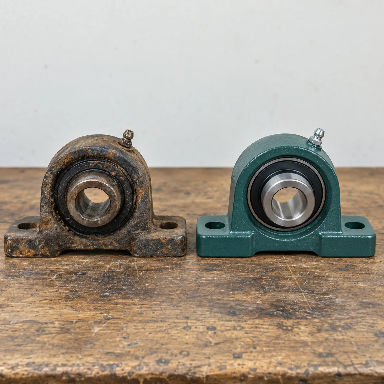 A rusty pillow block bearing housing beside a new green-painted one, both with insert bearings, on a wooden bench