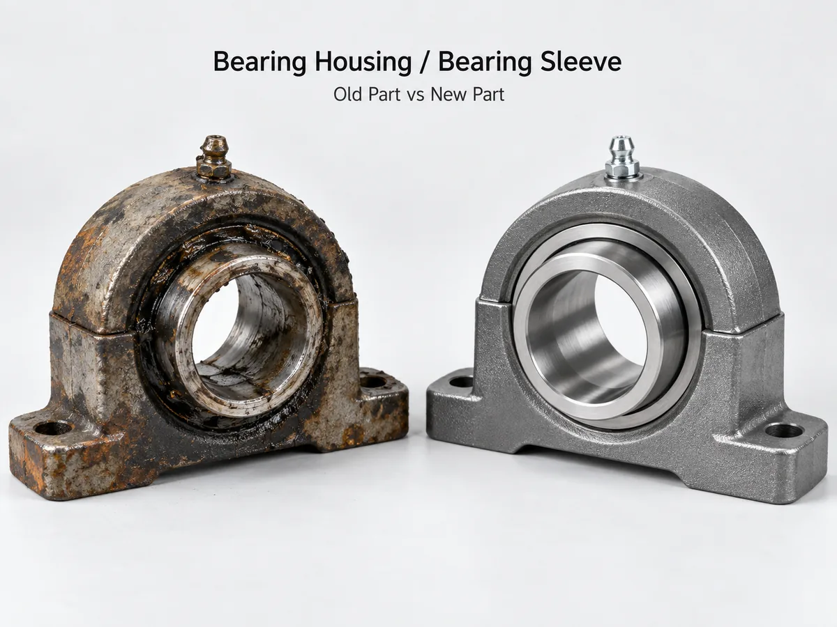 A rusty cast pillow block bearing housing beside a new one with its insert bearing, on a white background; a small label above reads Bearing Housing / Bearing Sleeve, Old Part vs New Part