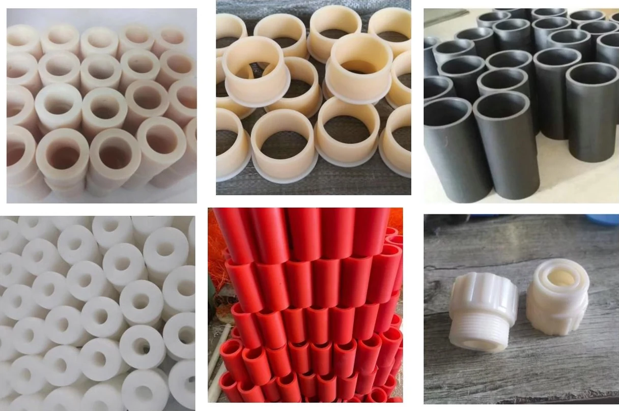 Six photographs of plastic plain bearings and sleeves: a stack of natural cast nylon bushes, a tray of flanged nylon bushes, grey molybdenum-disulphide filled nylon sleeves, white nylon spacer bushes, a stack of red plastic tube sections, and two white threaded plastic couplings