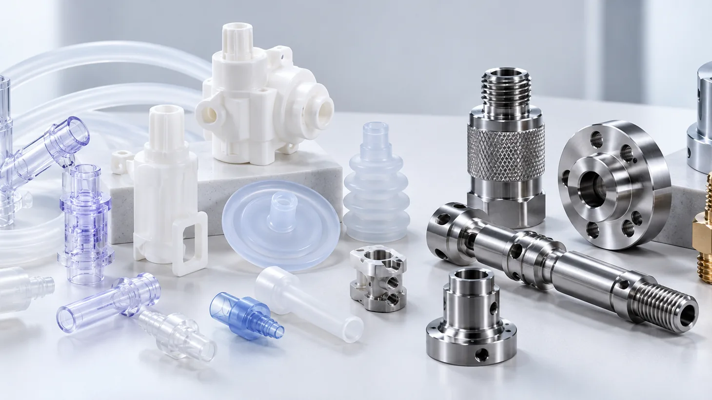 Moulded plastic connectors, clear tubing and a translucent bellows beside machined metal parts, including a knurled threaded fitting, a flange and a threaded shaft, on a white table