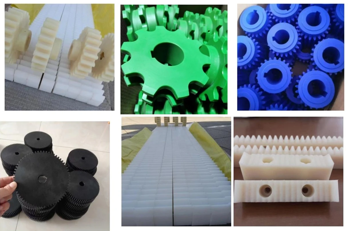 Six photographs of plastic gearing: natural nylon gears threaded onto white rods, green polyethylene sprockets with keyways, a tray of blue nylon gears with keyed bores, a stack of black nylon spur gears held in a hand, long white rack segments laid end to end, and short white rack blocks with fixing holes