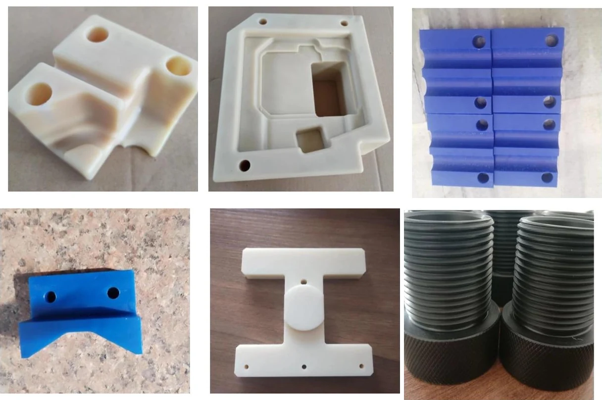 Six photographs of machined plastic blocks: natural nylon blocks with radiused cut-outs, a natural plate with a deep milled pocket, blue nylon clamp halves with corrugated seats, a blue vee-form saddle bracket, a white T-shaped guide plate, and black knurled sleeve sections