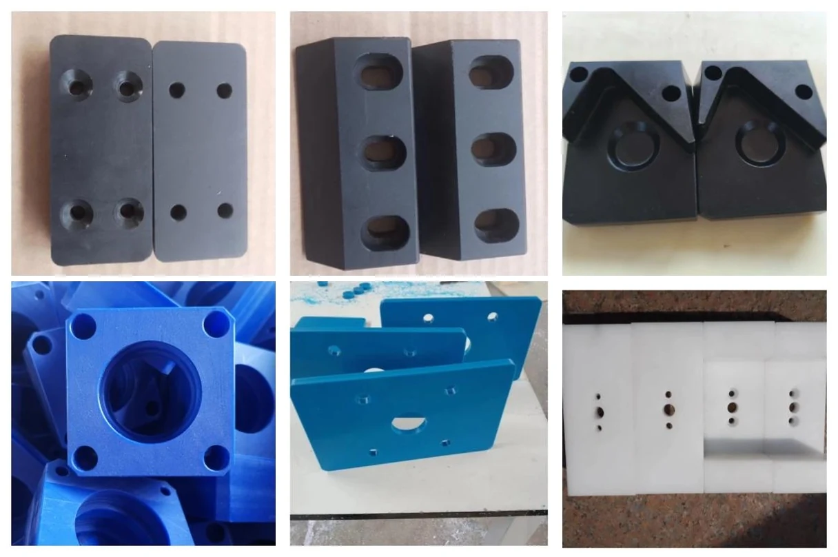 Six photographs of plastic wear pads and guide blocks: two black molybdenum-disulphide nylon pads, one counterbored and one with plain holes, grey nylon slide blocks with three counterbored slots down each face, black vee-form clamp pads with a machined bore, a blue cast nylon block with a square flange and a large bore, blue nylon angle brackets, and white plates drilled in small hole groups