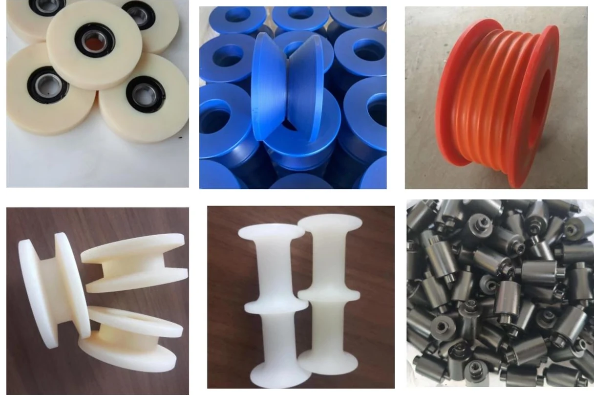 Six photographs of plastic wheels and rollers: four natural nylon wheels with sealed ball bearings pressed into the bore, blue nylon vee-groove sheaves, a red multi-groove rope sheave, white nylon vee-groove sheaves on a bench, tall white cable guide rollers with a waisted profile, and a heap of small black POM turned rollers with machined bores