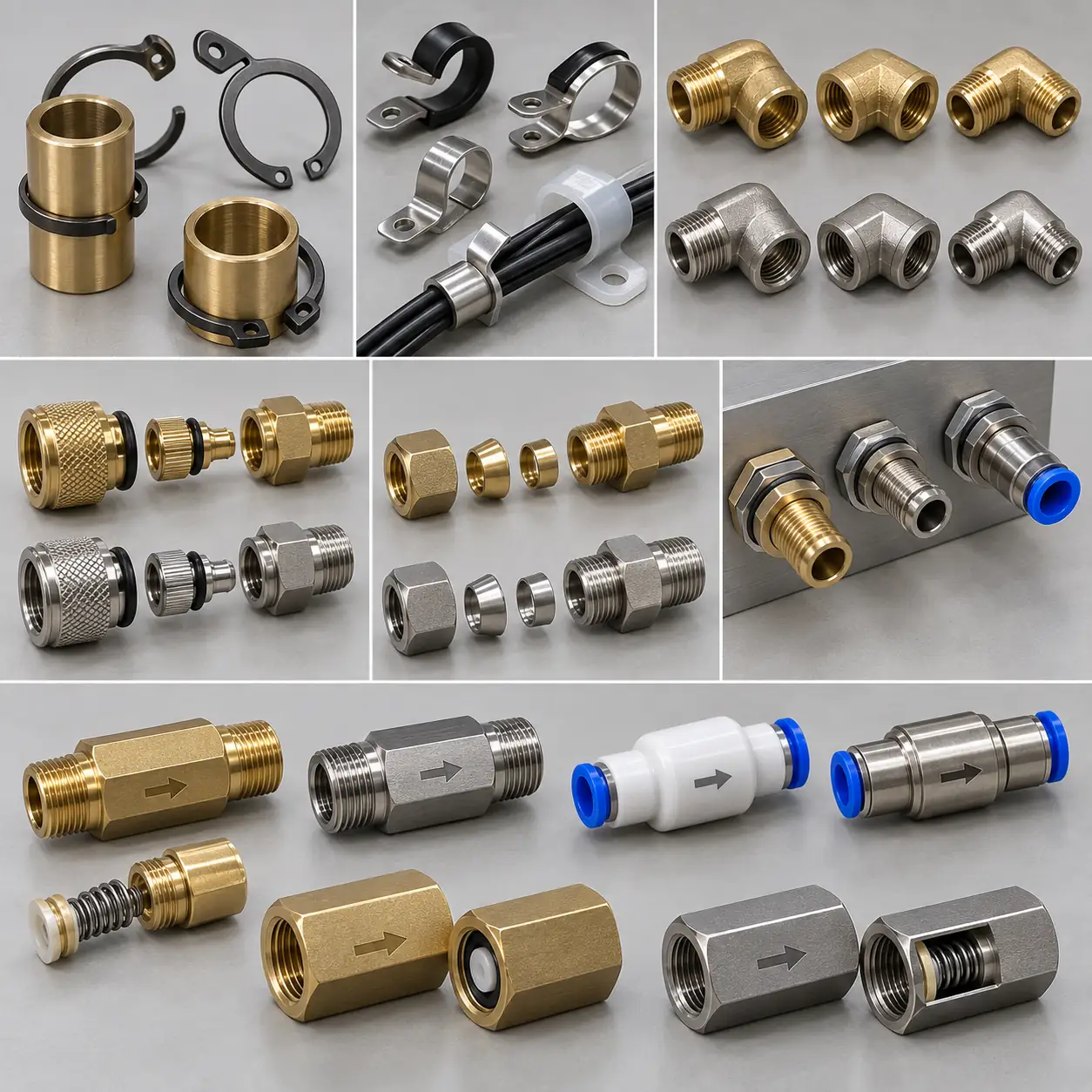 A panel of fittings whose lower half shows inline check valves with a flow arrow stamped on each body: brass and stainless male-to-male valves, a white plastic and a stainless push-in valve, and three valves cut open to show the spring, the poppet and the seat inside; the upper half shows clips, elbows, couplers, ferrules and bulkhead fittings from the same lines