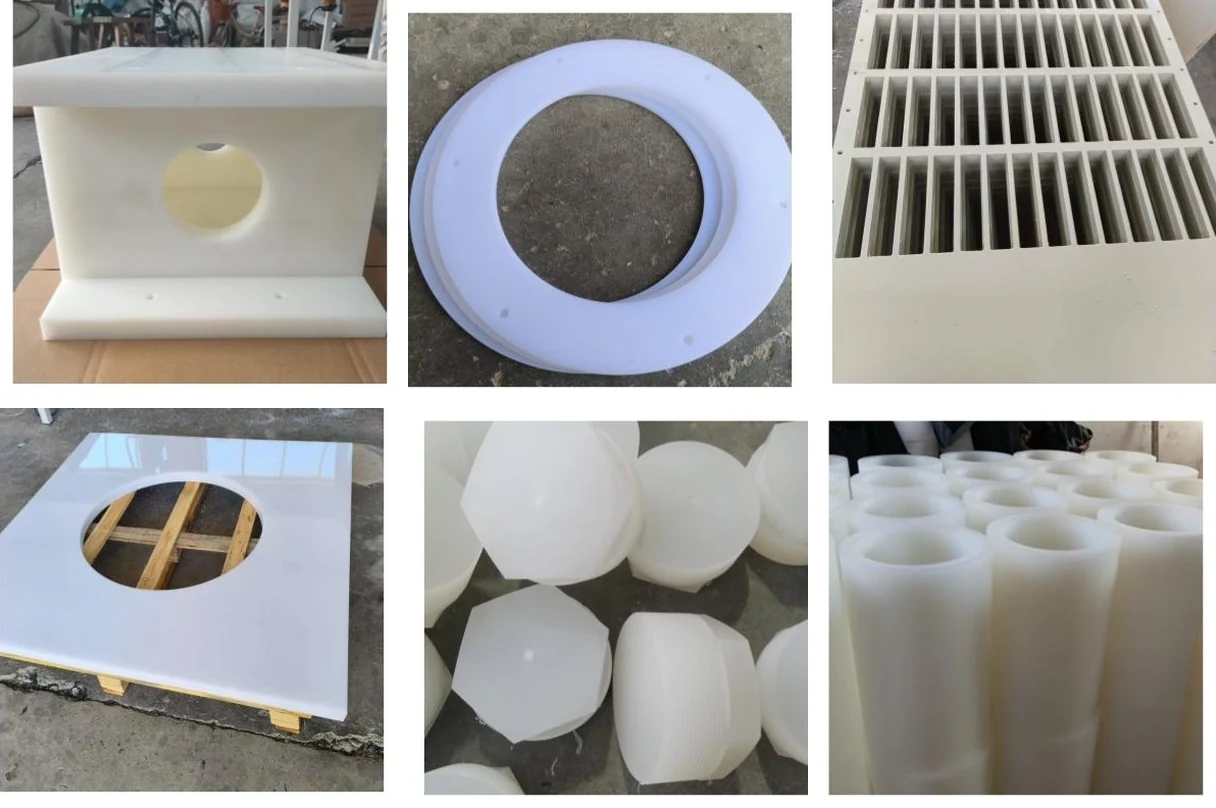 Six photographs of polypropylene parts: a welded white PP box with a round port in one wall, a machined PP flange ring, a lamella grid pack with tall parallel slots, a large plate with a circular cut-out on a pallet, large hexagonal and round turned PP caps, and thick-walled PP tube sections standing in rows