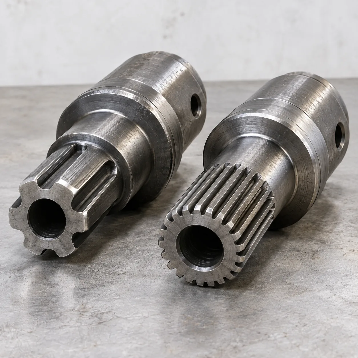 Two PTO shaft adapters on a steel bench: a splined sleeve and a splined shaft with a 6-spline and a fine-spline end