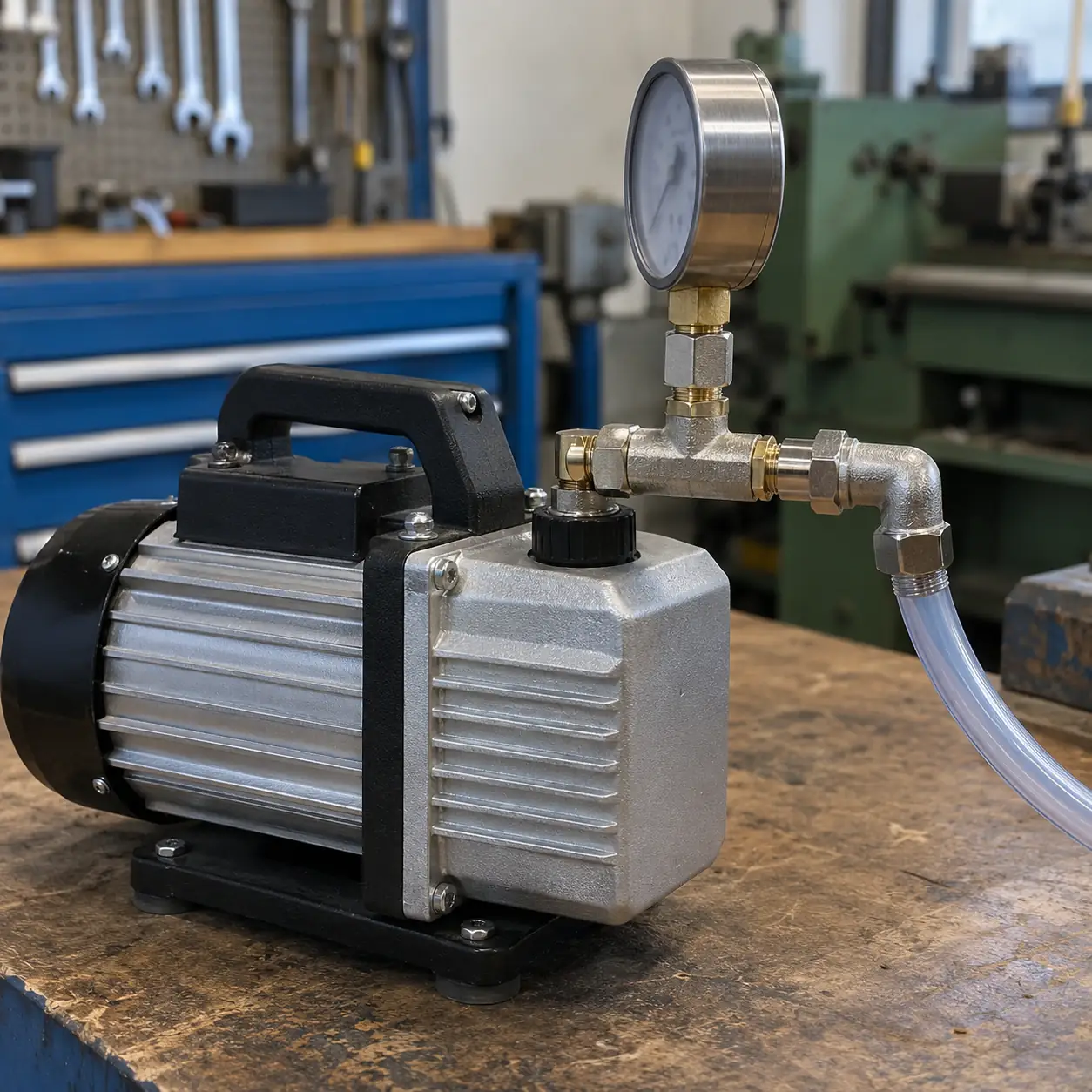 A small vane pump on a workbench with its outlet built up from brass and stainless fittings: a tee carrying a pressure gauge on top, a union, and an elbow turning down into a clear hose