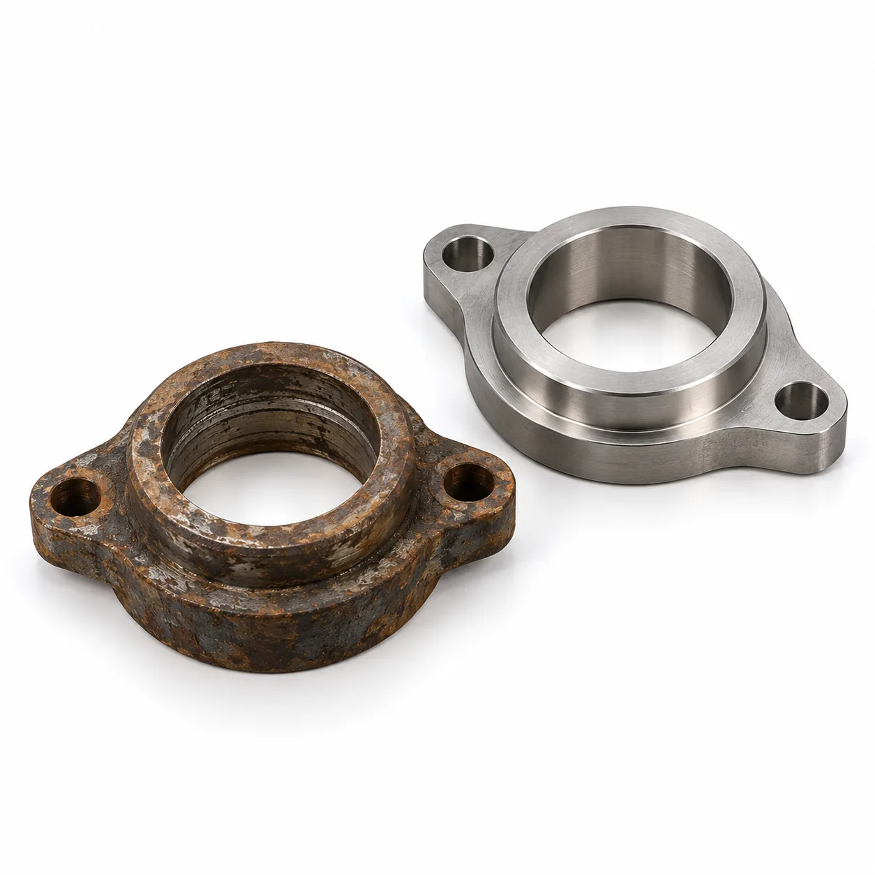 A rusty two-bolt packing gland beside a newly machined one, on a white background