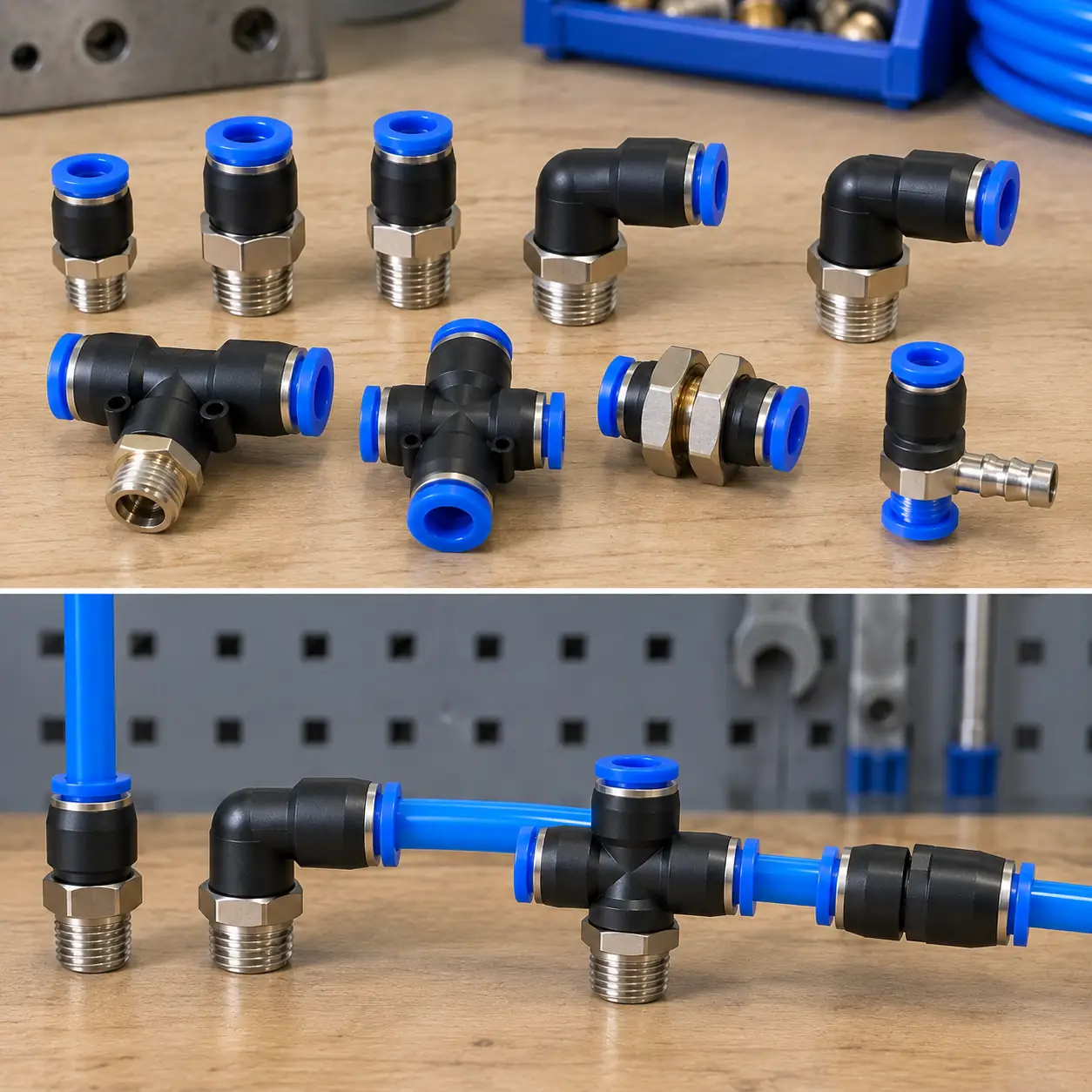 Push-in fittings on a bench: male straight fittings in three thread sizes, two male elbows, a male branch tee, a cross, a bulkhead union with its jam nut and a barbed swivel, all with blue release rings; below, the same forms with blue polyurethane tube pushed into them