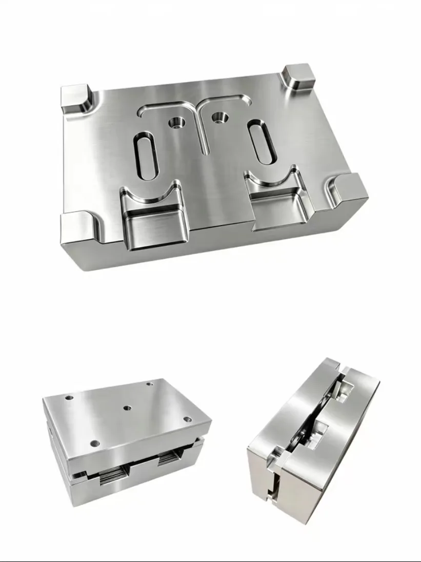 3D rendering of a machined two-part block with pockets, slots and a cross groove, shown from three angles