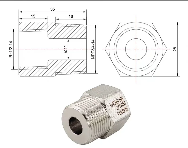 Drawing and photo of a 304 stainless hex adapter with an Rc 1/2 female thread and a 3/4 inch NPT male thread, 35 mm long with a 28 mm hex