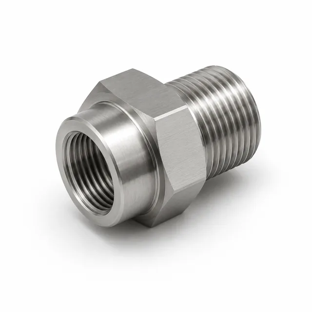 Female-to-male reducing thread adapter with a machined shoulder face, stainless steel