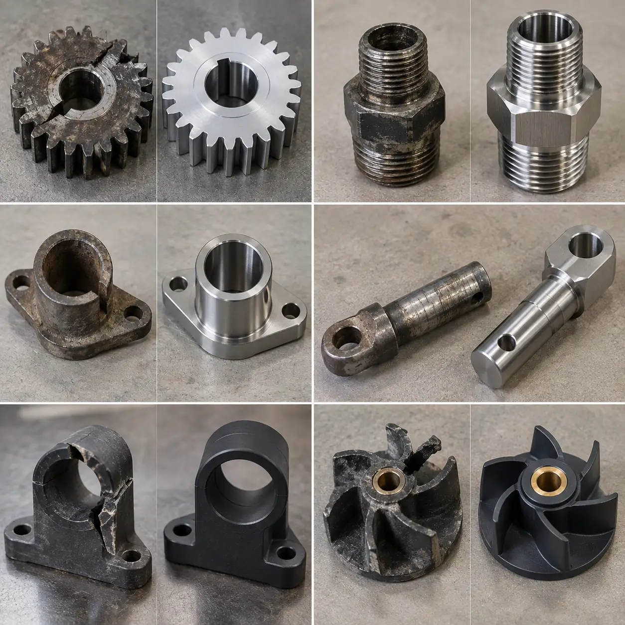Eight pairs of parts photographed old beside new: a worn gear, a corroded hex nipple, a flanged bushing, a pinned link, a cracked plastic clamp and a damaged impeller, each next to a freshly machined replacement