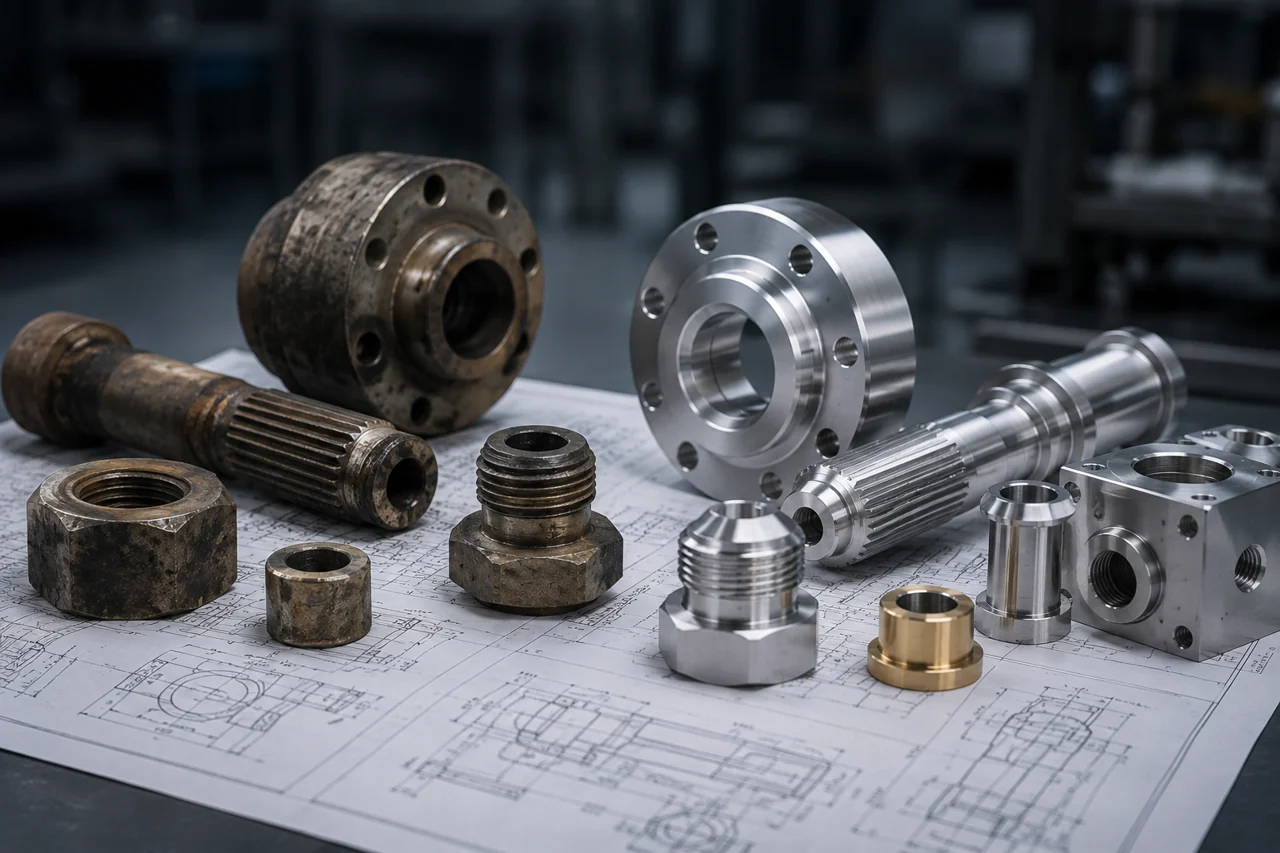 Custom replacement parts — pump flange, splined shaft, fittings and fasteners reproduced by EKINSUN from worn originals