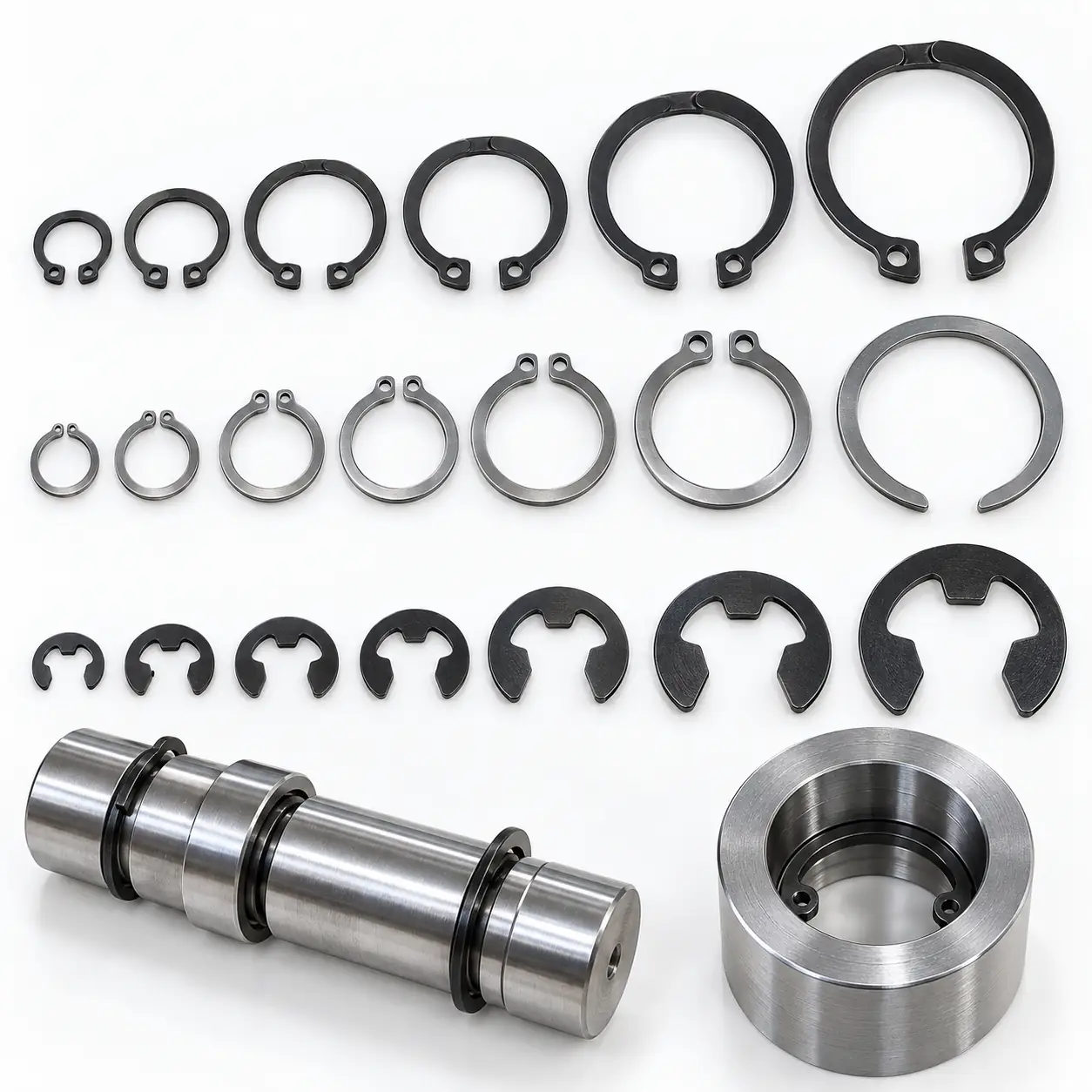 Three rows of retaining rings on a white background: internal circlips with lug holes in the top row, external circlips in the middle row and E-clips in the bottom row, each row running from small to large, with a stepped shaft carrying three fitted external rings and a bored housing carrying an internal ring below