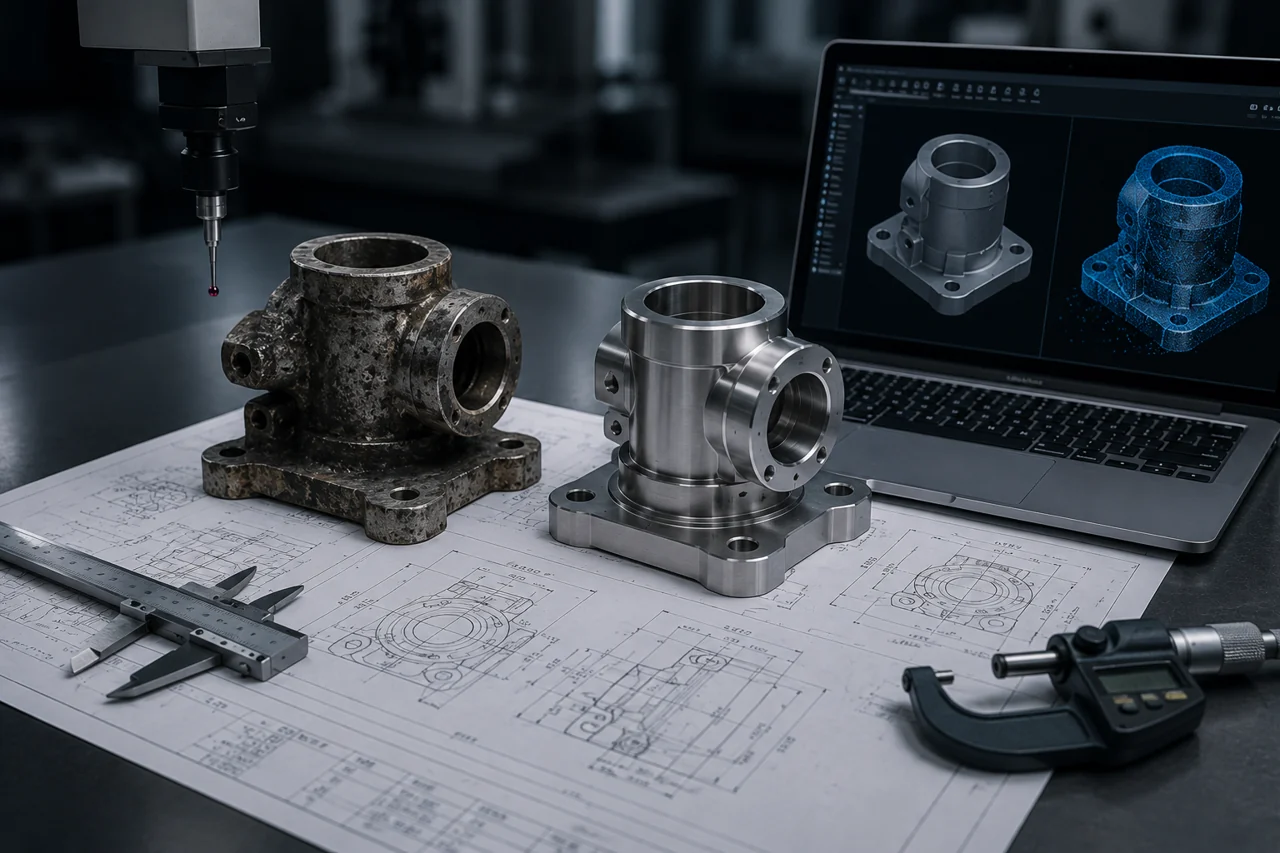EKINSUN reverse engineering process: 3D scan to point cloud to parametric CAD model for part reproduction