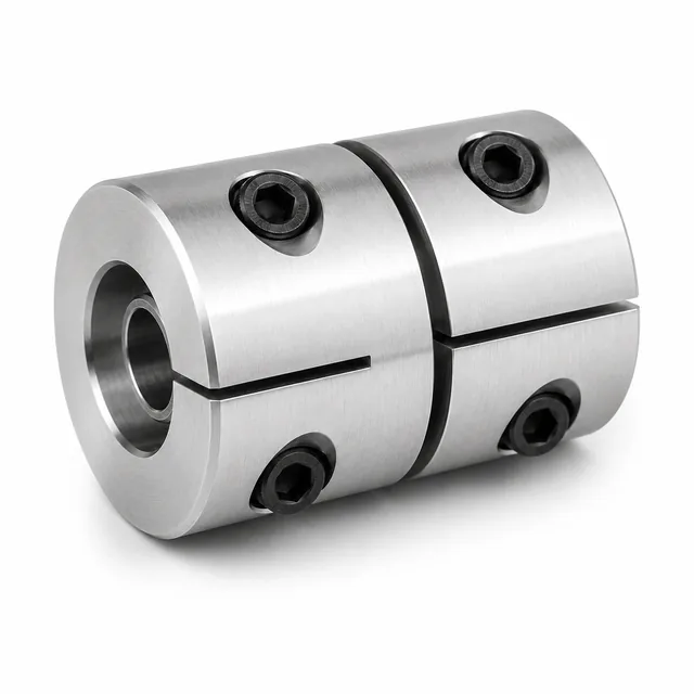Two-piece rigid clamp shaft coupling in stainless steel, CNC machined - the class of drive and interface hardware quoted on this page