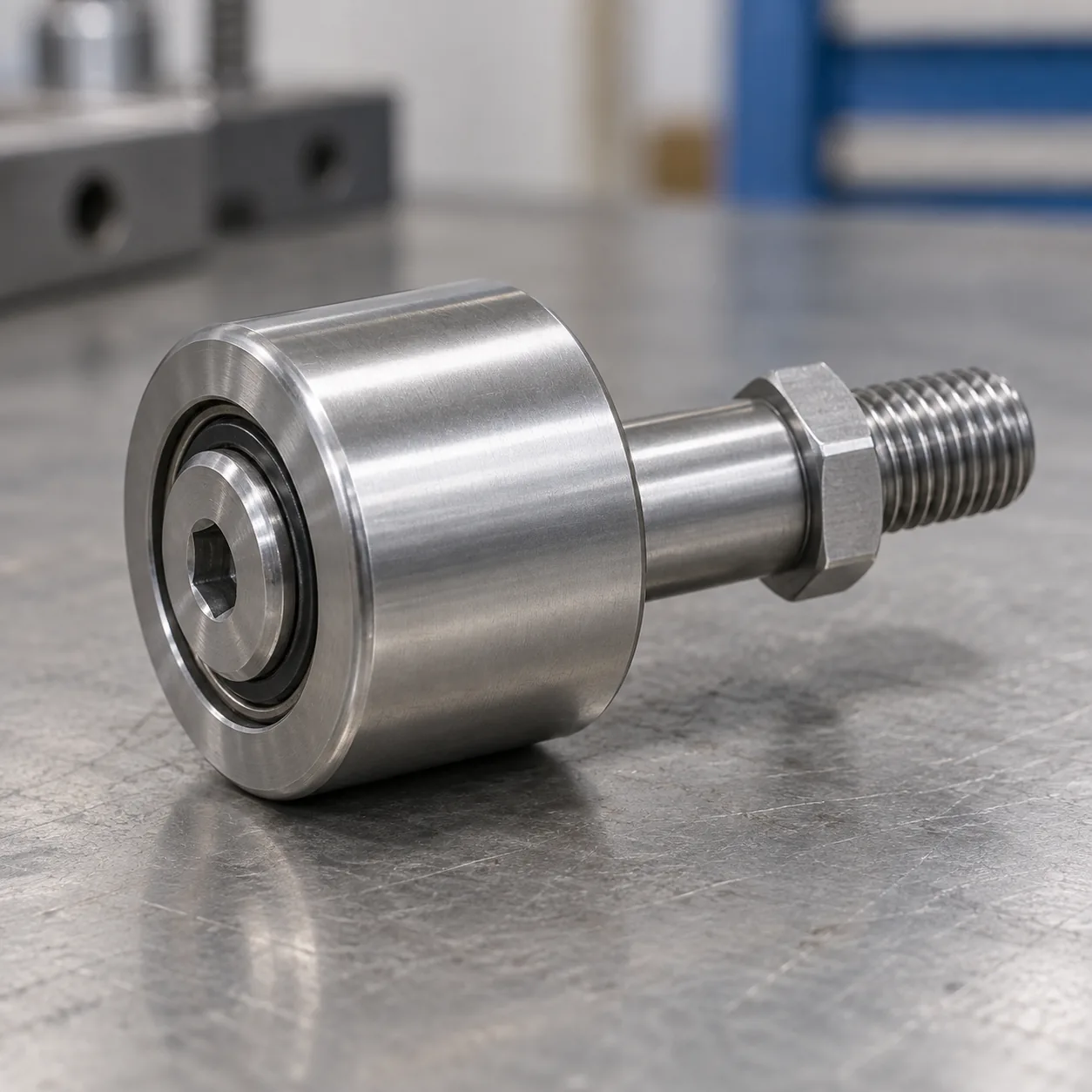 Eine Rollenschraube aus blankem Stahl: Laufrolle mit Innensechskant, Bund und Gewindezapfen, auf einer Metallfläche