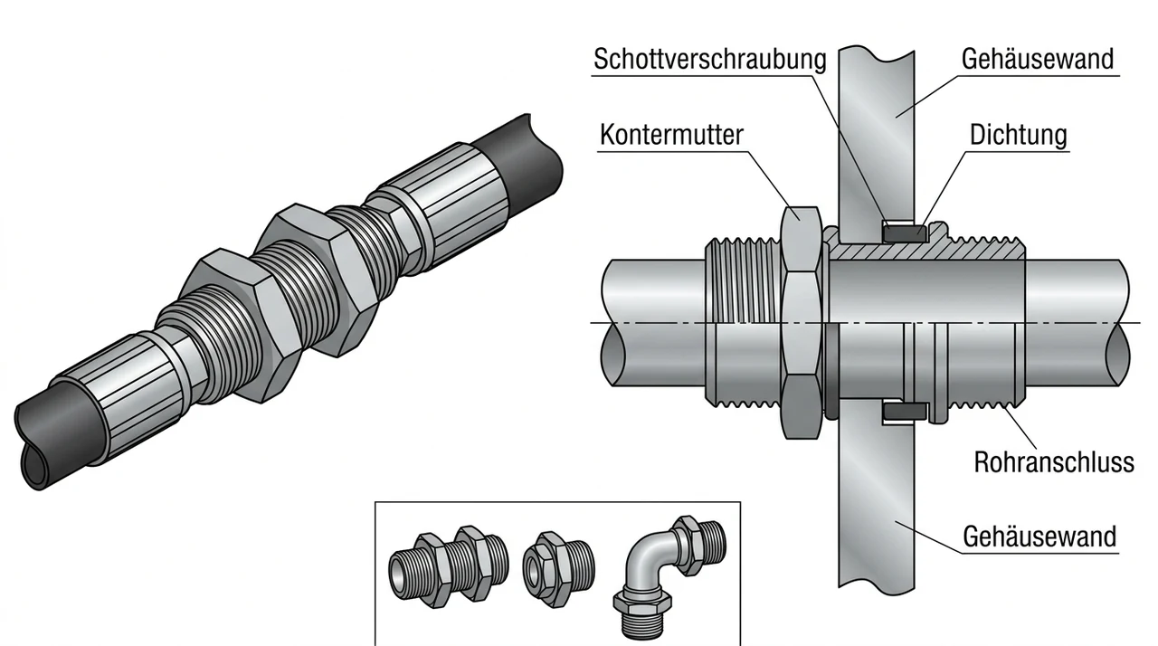 Schnittdarstellung einer Schottverschraubung durch eine Gehäusewand — Kontermutter auf der einen Seite, Dichtung unter dem Bund auf der anderen, dazu Rohranschluss und die Bauformen gerade, kurz und als Winkel