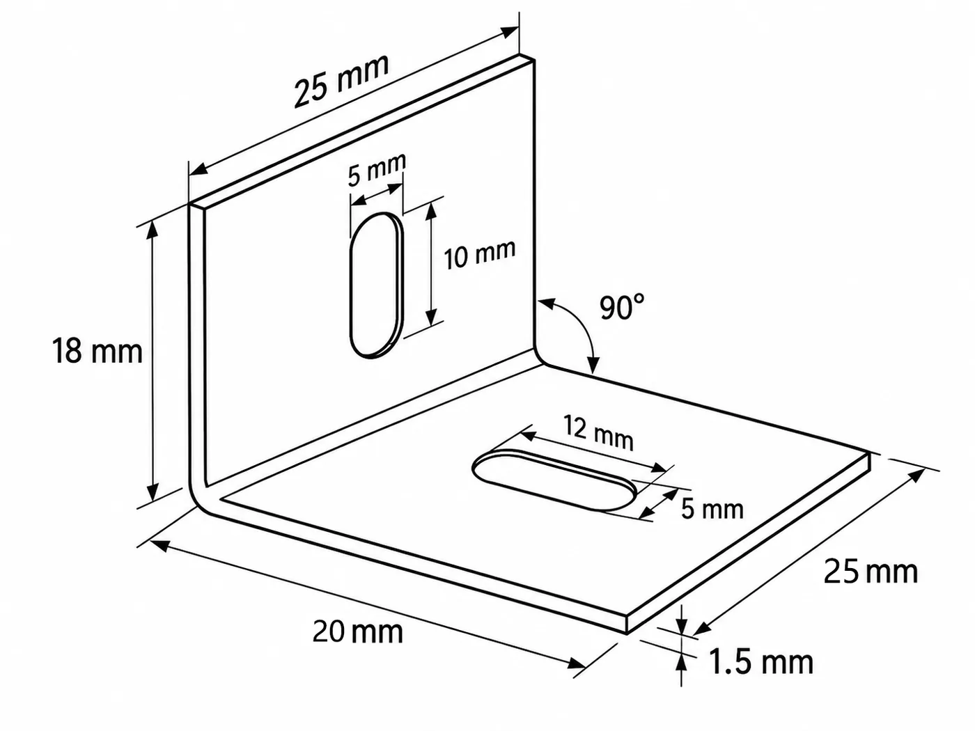 Bemaßte Zeichnung eines L-Winkels 90 Grad aus Edelstahl A2: 1,5 mm dick, 25 mm breit, Schenkel 20 mm und 18 mm, in jedem Schenkel ein Langloch 5 mm breit, 12 mm und 10 mm lang