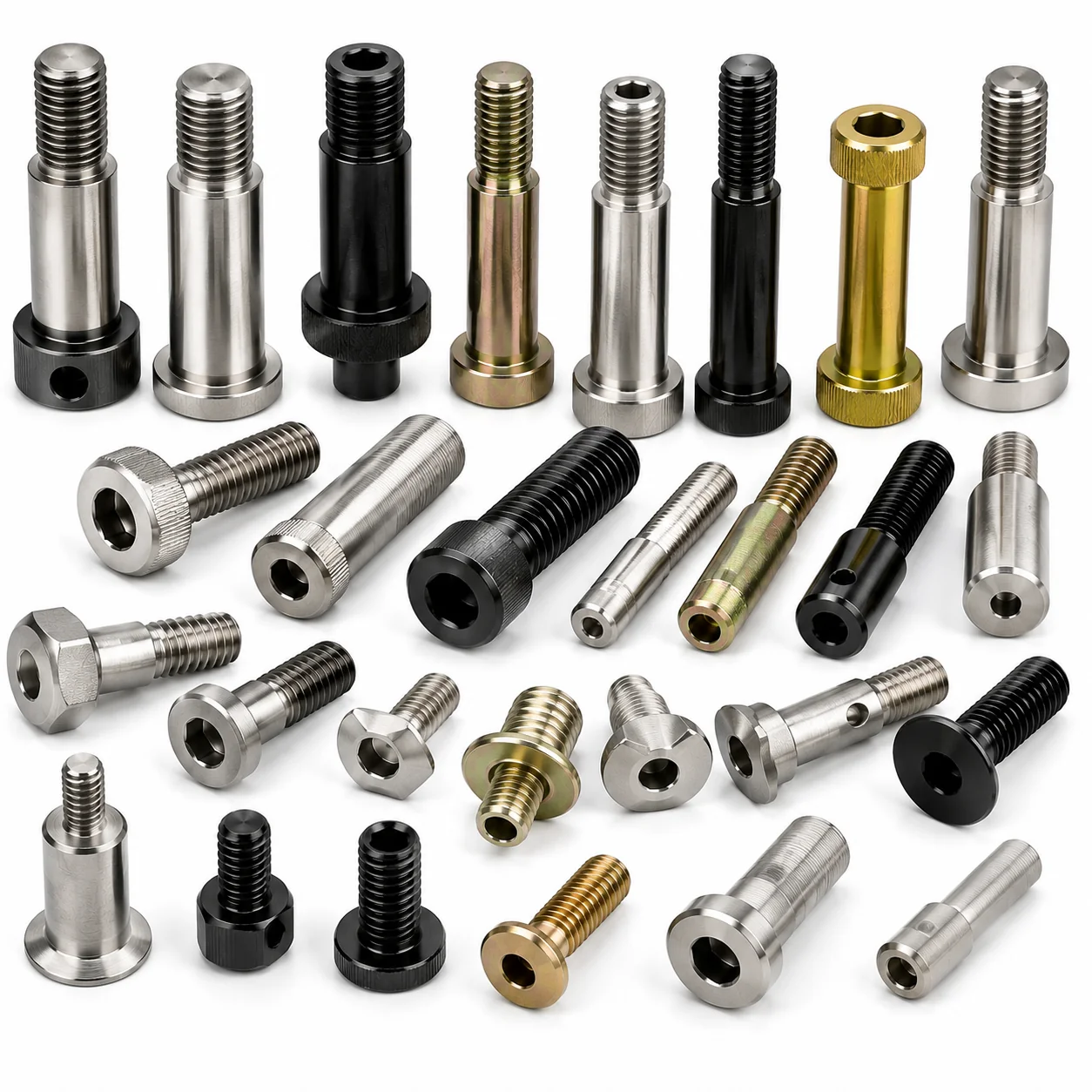 Custom machined parts in titanium, stainless steel, brass and black oxide alloy steel showing different materials and finishes by EKINSUN