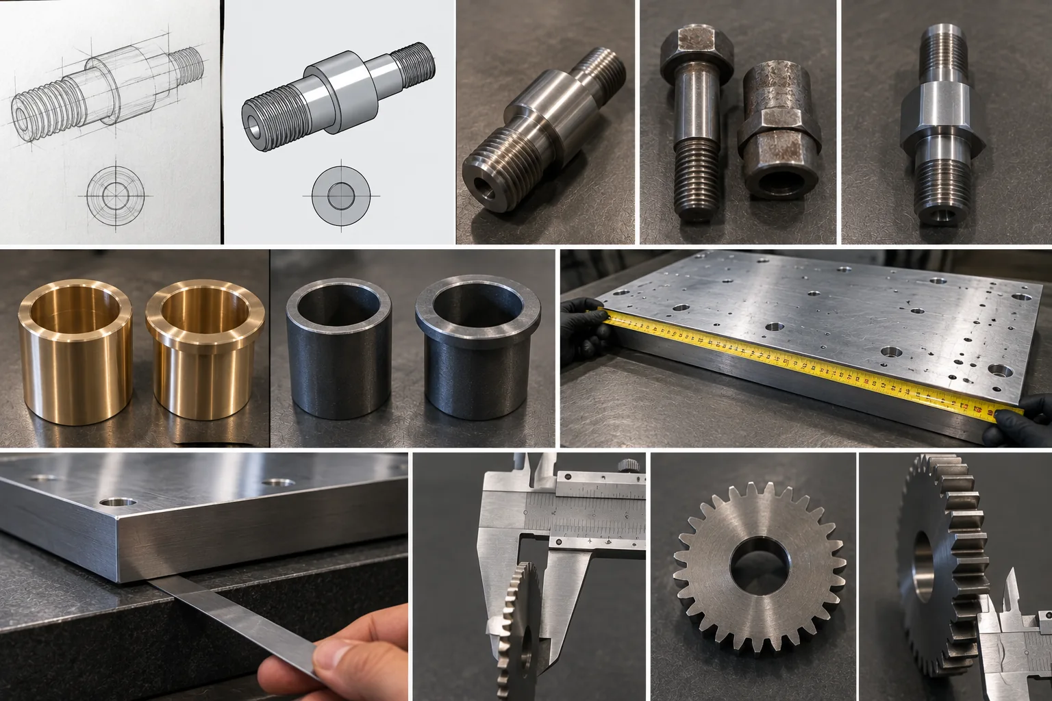 Collage: a pencil sketch and a 3D view of a stepped threaded shaft, the machined shaft, a hex bolt and other threaded parts, gold-coloured and steel bushings, a large drilled plate measured with a tape, a feeler gauge slid under the edge of a plate on a dark stone surface, and a gear checked with a caliper