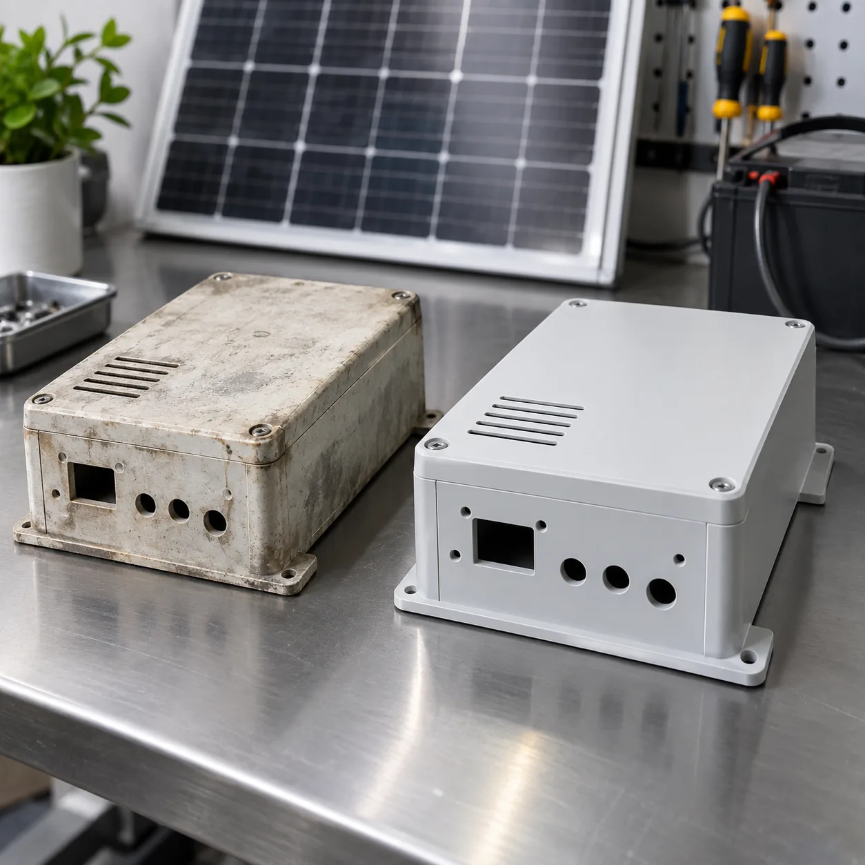 A weathered grey controller enclosure beside a new white one, with a solar panel behind them on the bench