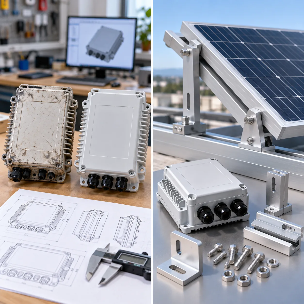 A solar panel on a tilted bracket, white enclosures, an aluminium bracket, a caliper and drawings on a bench