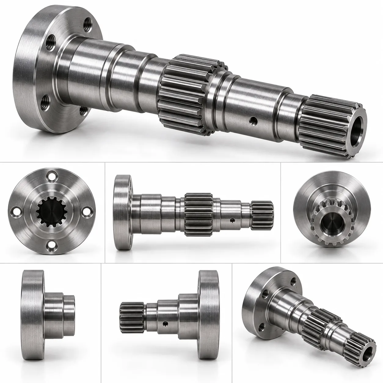 A turned shaft with a flange and a milled spline, shown from several angles