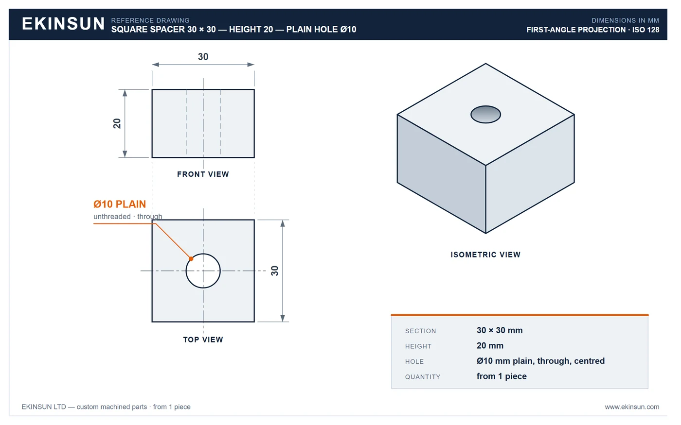 Reference drawing of a square spacer 30 × 30 mm, 20 mm tall, with a plain Ø10 through hole — front view, top view and isometric view