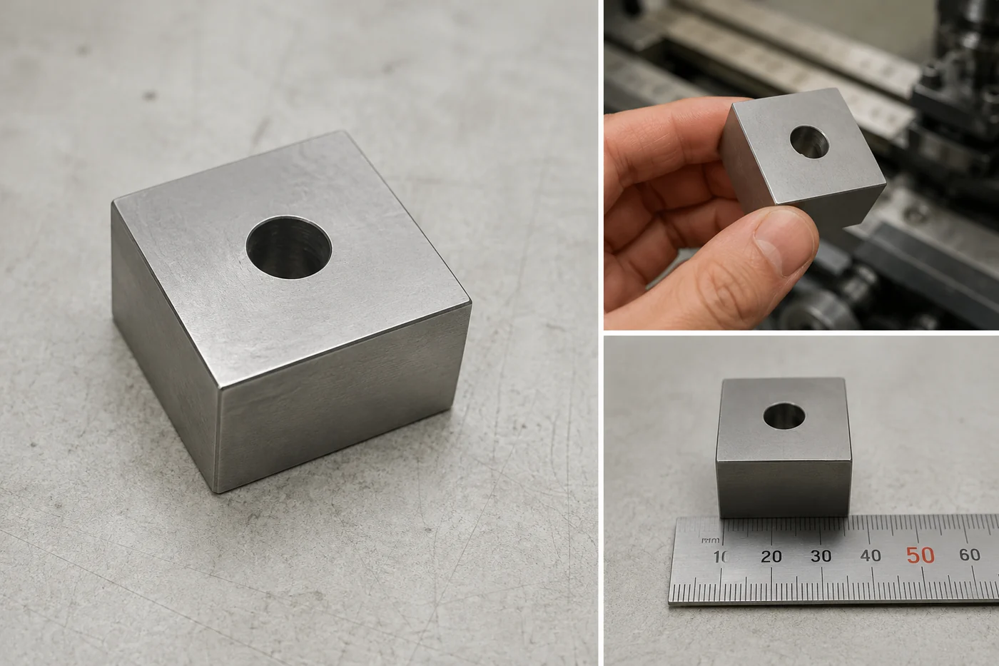 Entretoise carrée usinée dans la barre en inox, section 30 × 30 mm et hauteur 20 mm, percée d'un trou lisse Ø10 débouchant, posée près d'un réglet puis tenue en main