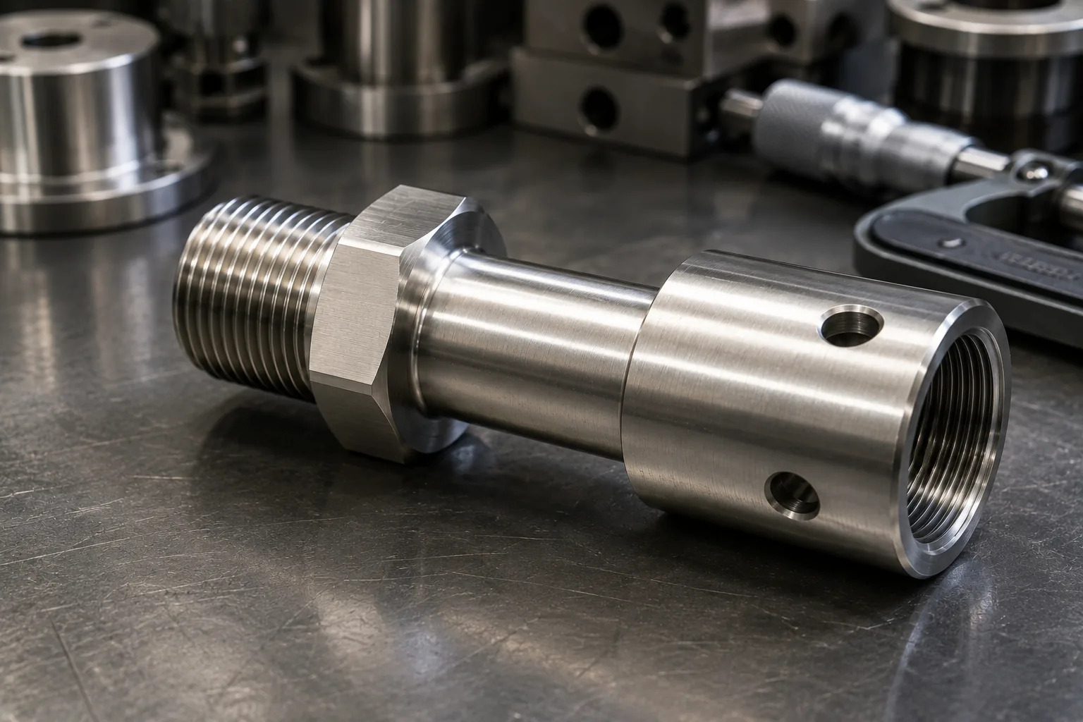 Machined stainless steel adapter with a male thread on one end and a threaded female body, turned at EKINSUN