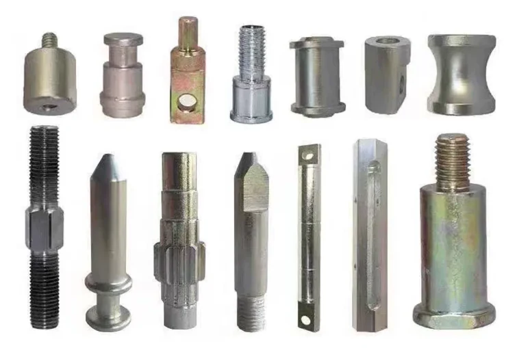 Fourteen custom turned bolts and studs with plain shanks, stepped diameters and partial threads in zinc, black oxide and bright finishes