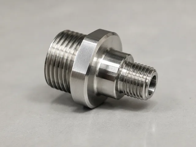 Stepped male-to-male thread adapter in stainless steel with faced shoulders between the two threads