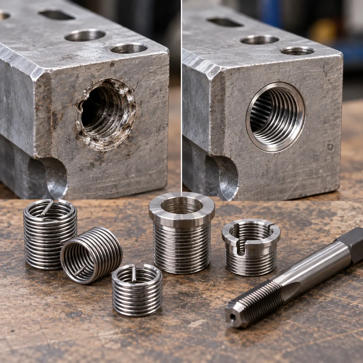 Two steel blocks with tapped holes, one stripped and one with a threaded insert fitted, beside wire thread inserts, solid threaded bushings and a tap