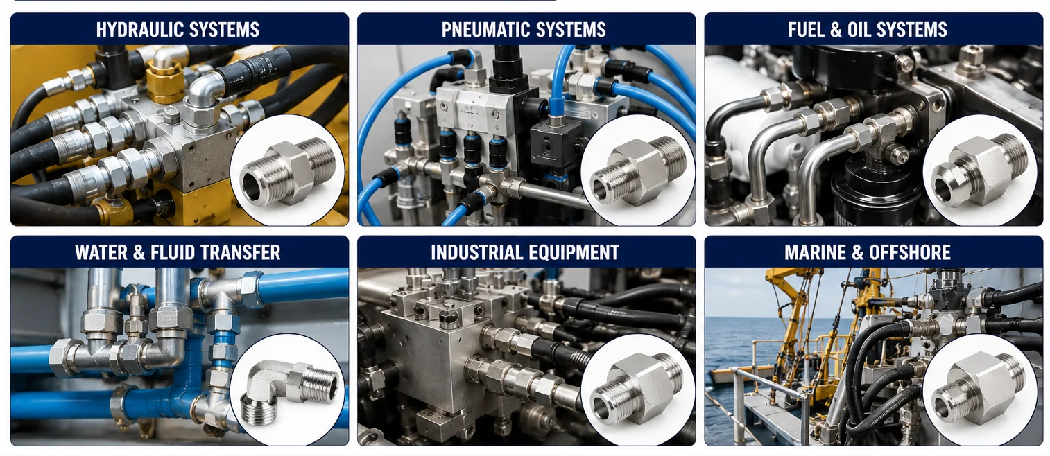 Anwendungen für Gewindeadapter und Hydraulikverschraubungen — Hydraulik, Pneumatik, Meerestechnik, Industrie
