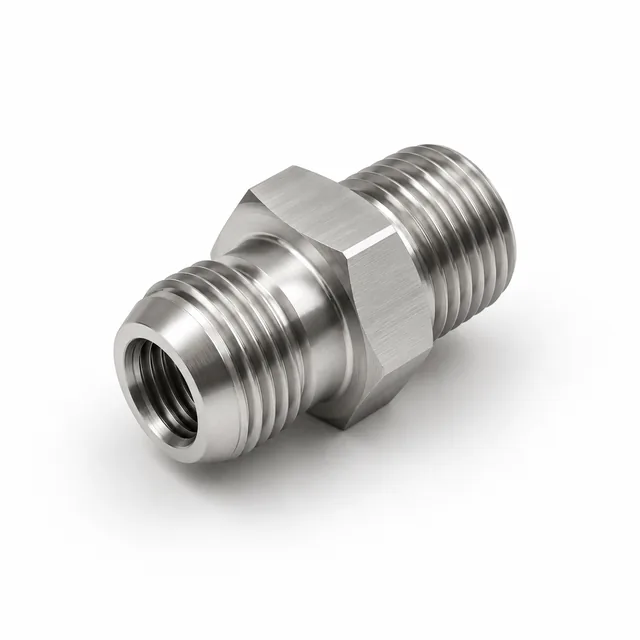 Double-male stainless thread adapter with centre hexagon, a different thread standard on each end
