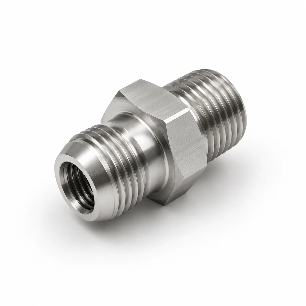 Adattatore filettato doppio maschio JIC × BSP in acciaio inox, tornito CNC su misura — EKINSUN