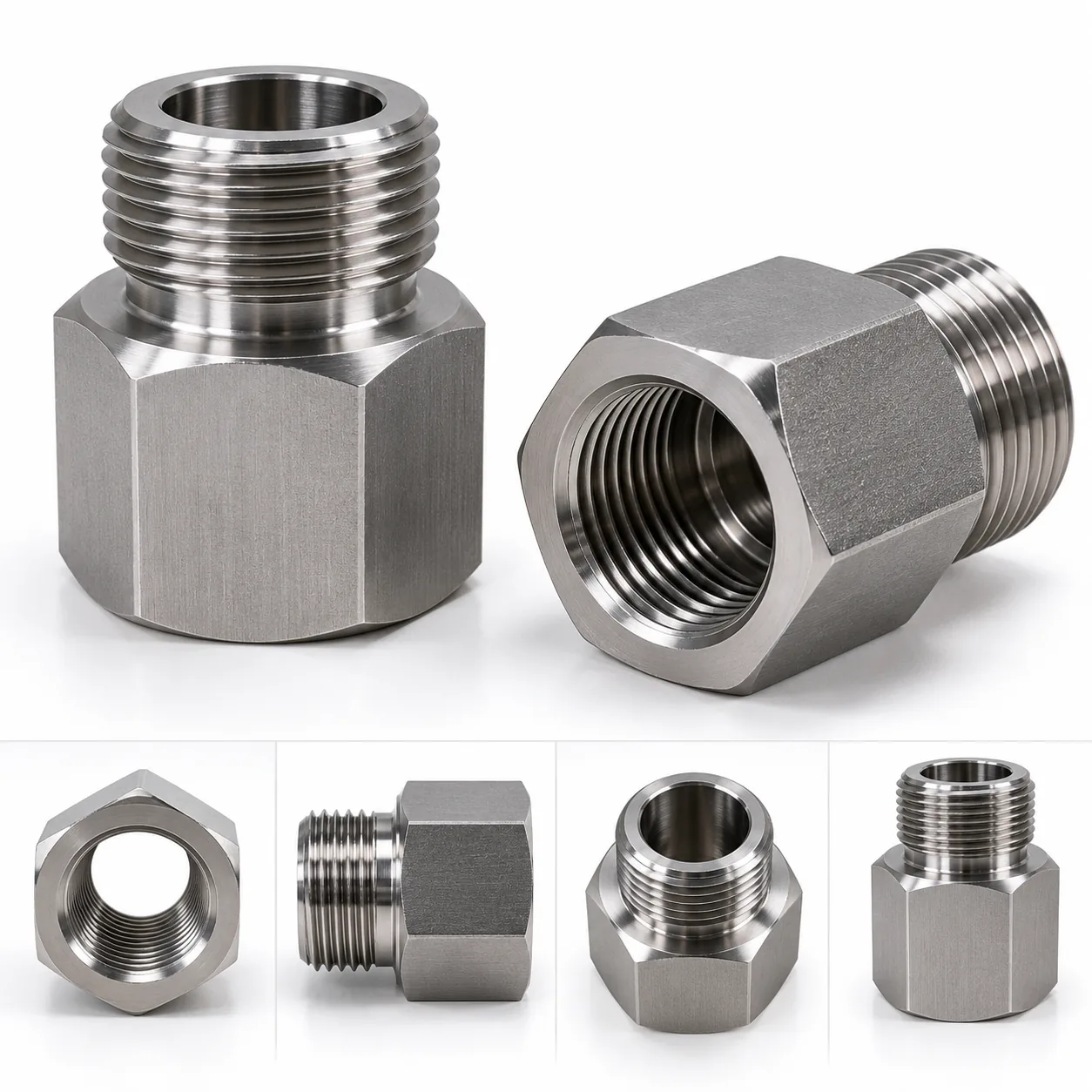 Hex-body thread adapters with a large female thread and a smaller male thread, shown from several angles on a white background