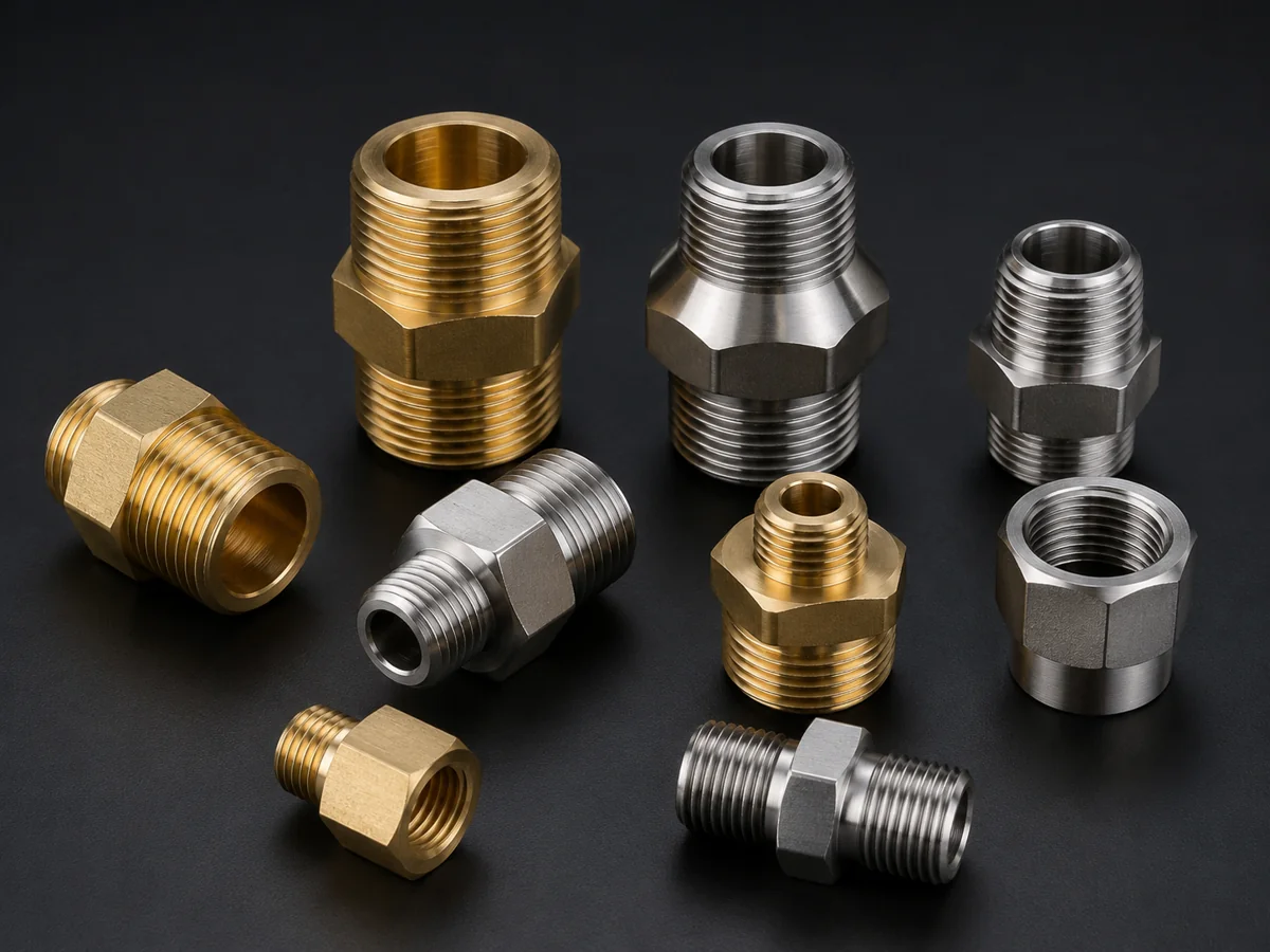 Custom thread adapters converting between BSP, NPT and metric threads in brass and stainless