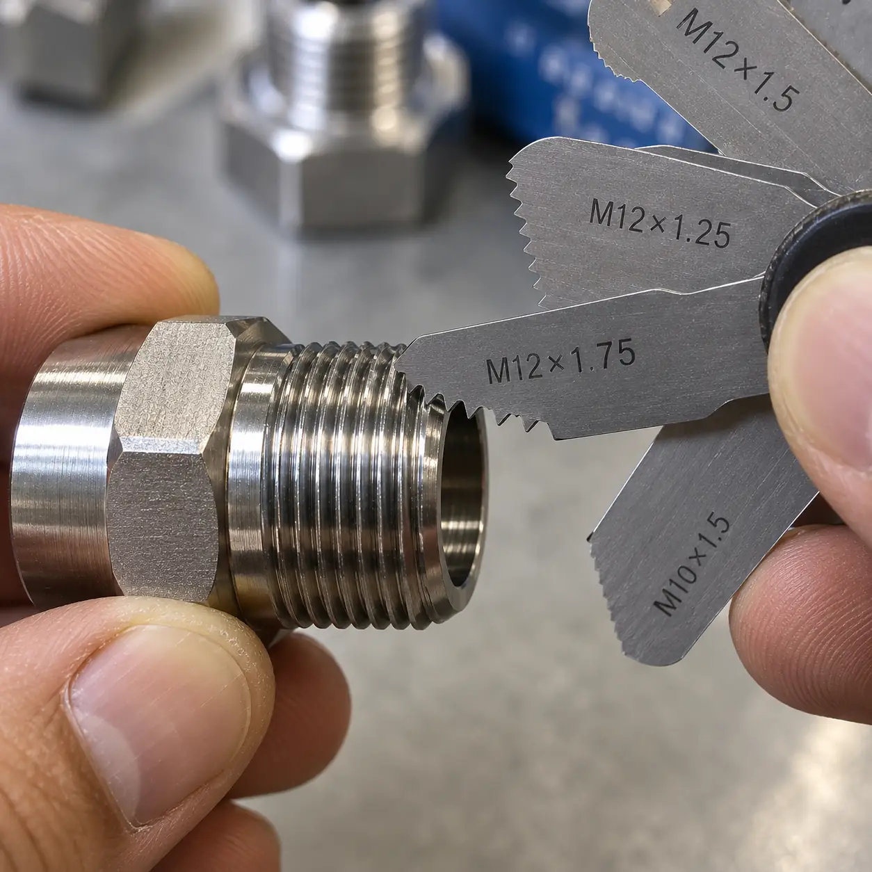A hand holding a leaf-type thread pitch gauge against the male thread of a stainless fitting, trying one blade against the crests while the other blades of the gauge fan out