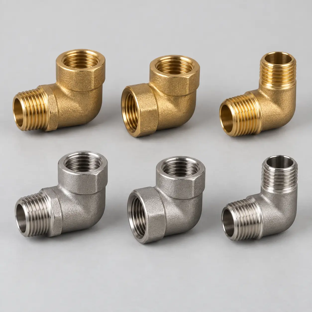 Six 90-degree threaded elbows on a plain background in two rows: brass above and stainless below, each row showing a male-to-female street elbow, a female-to-female elbow and a male-to-male elbow with the threads on both legs visible