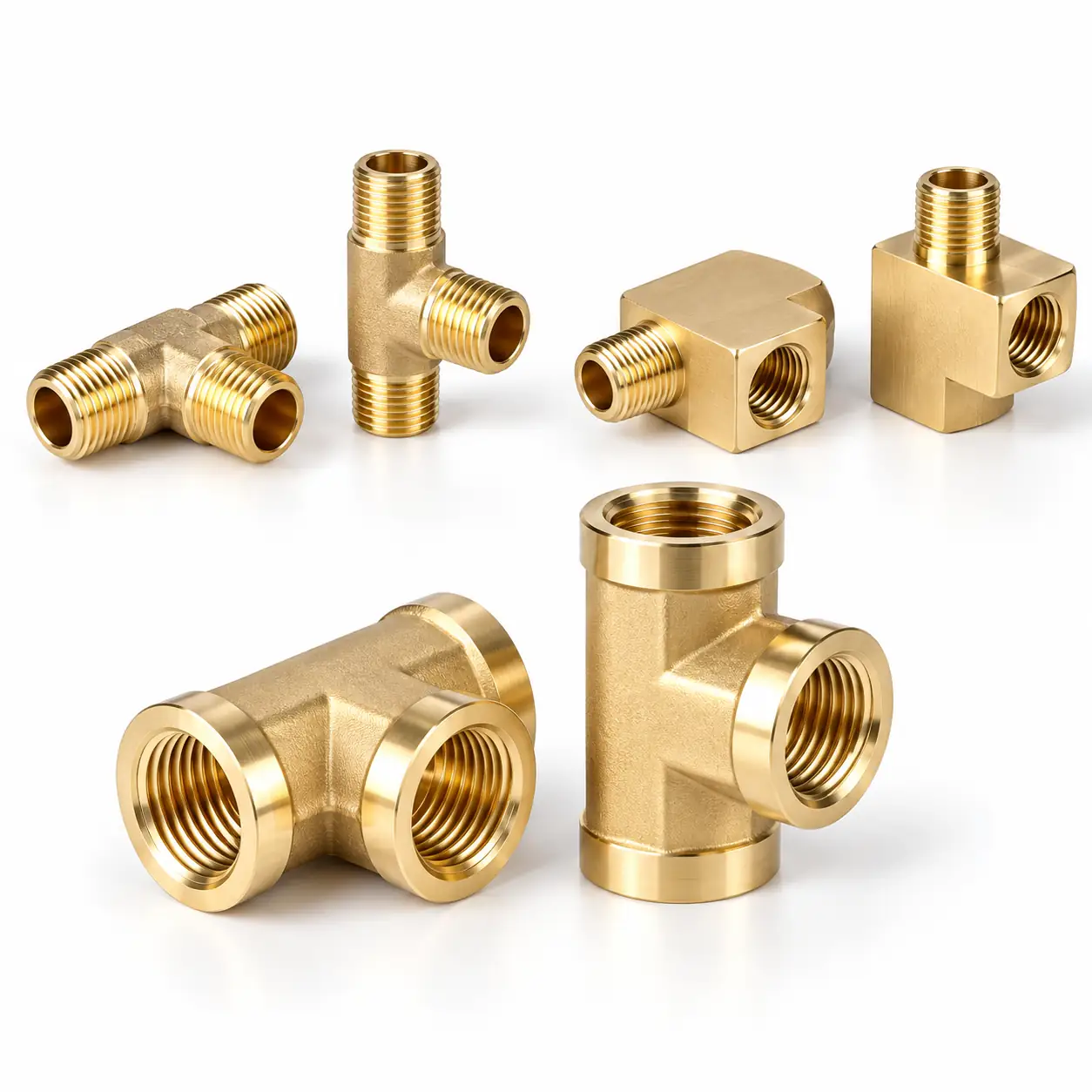 Six brass threaded tees on a white background: two with three male threads, two square-bodied tees combining a male run with a female branch, and two heavy female tees with all three ports tapped